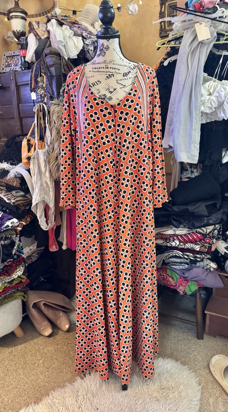 Vtg 60s 70s Orange Navy Caftan Maxi Hostess Dress Gown Plunge Zipper Pocket Pop