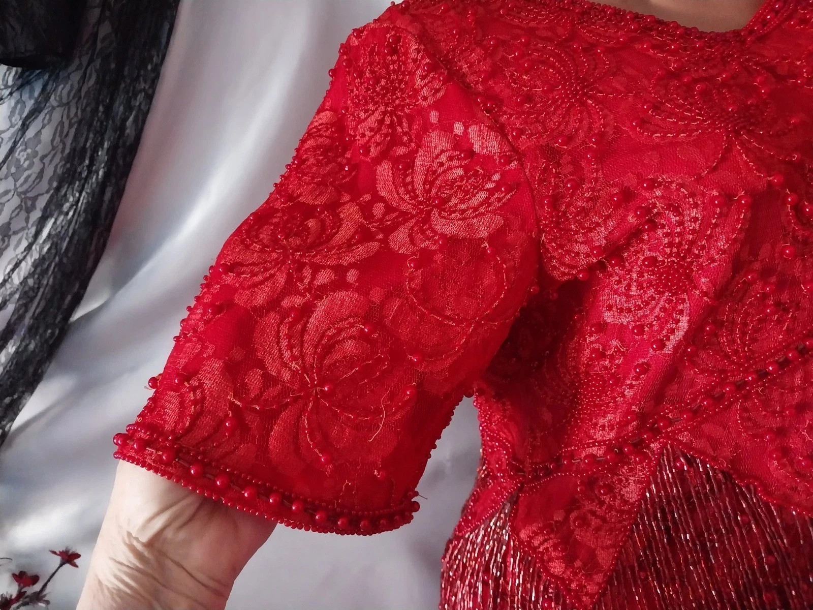 VTG FLAPPER BEADED FRINGE RAGTIME GATSBY 20S STYL RED SKIRT BLOUSE DRESS SET 42