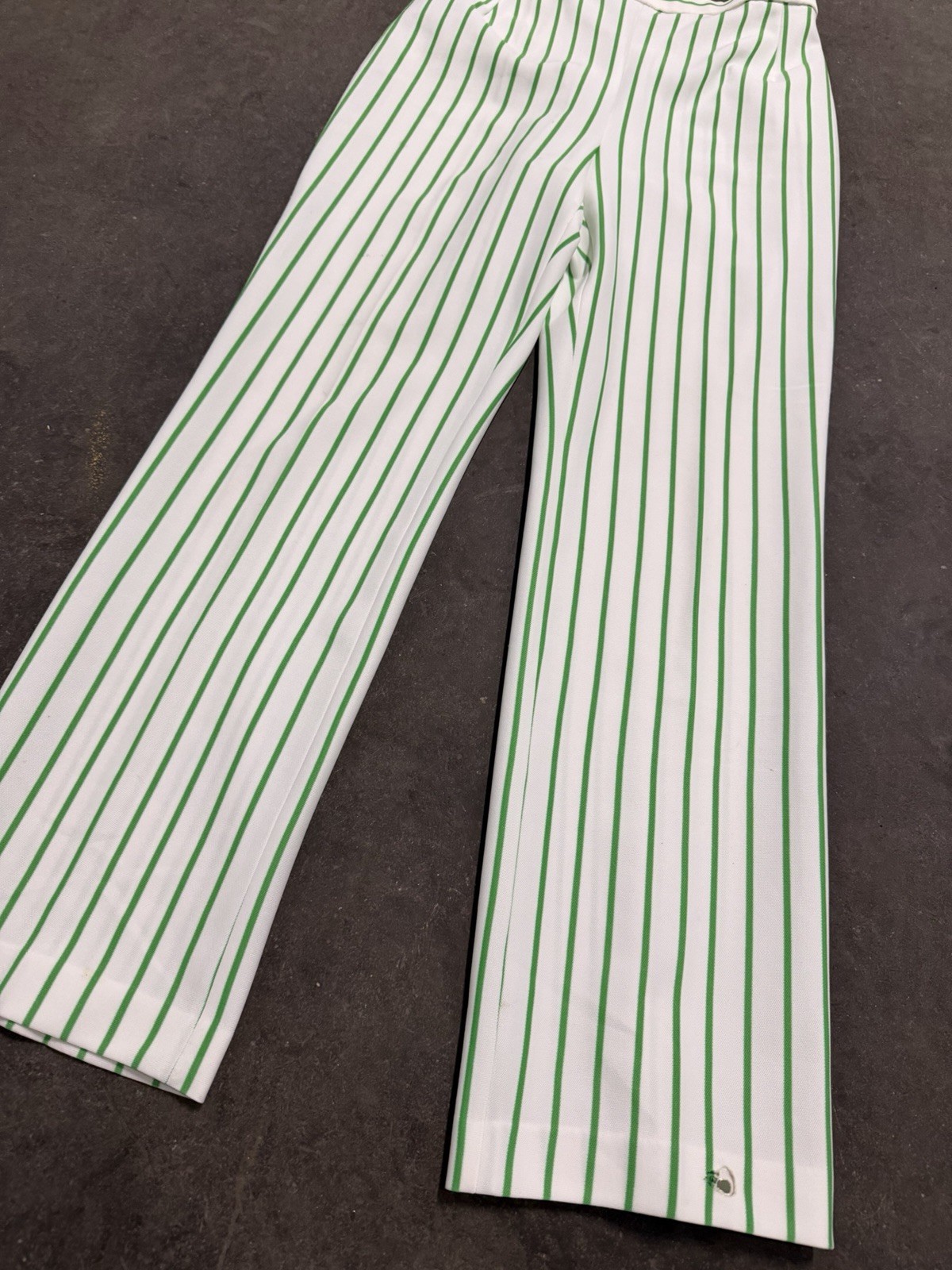 Vintage 1970s Green White Striped High Rise Polyester Trousers Hippy Retro