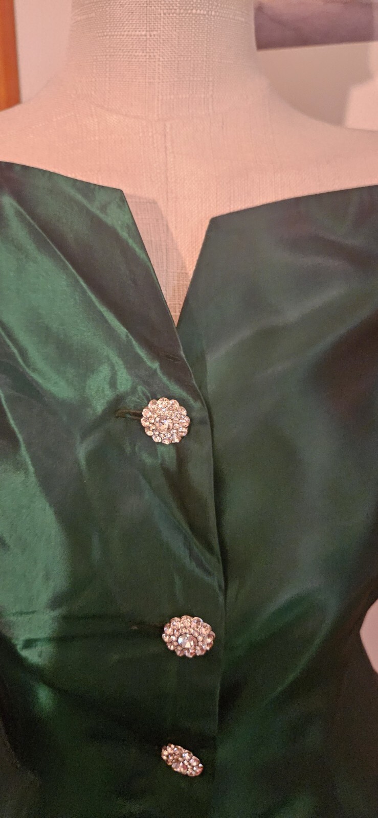 Vintage 1980s Green Formal Top With Rhinestone Buttons Mkd Sz 8 As Pictured