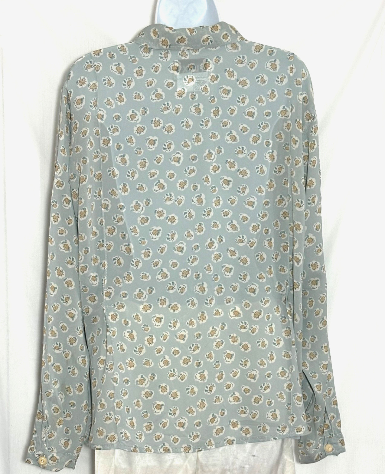 FLAX SOFT GREEN PRINT BLOUSE, MARKED SMALL BUT FITS LARGE , VINTAGE 1980’S