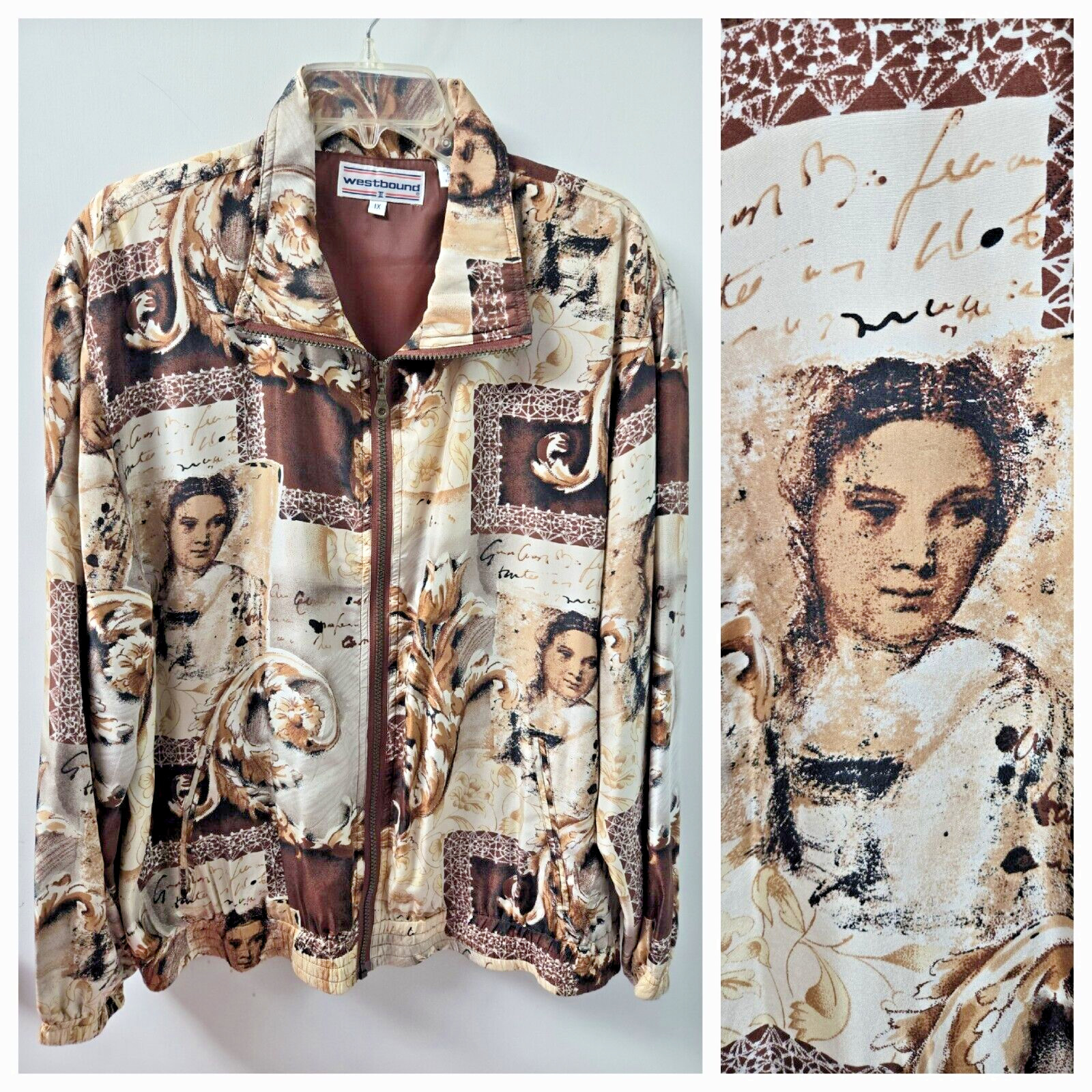Vtg 1990s Silk Jacket Brown Rococo Baroque Faces Westbound II 1X