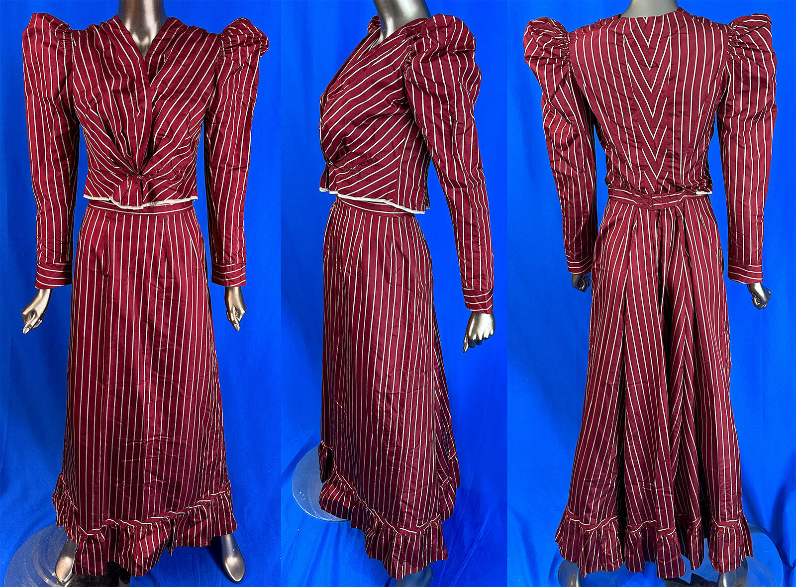 Victorian Red & White Striped Silk Leg of Mutton Sleeve Bodice Skirt Dress VTG