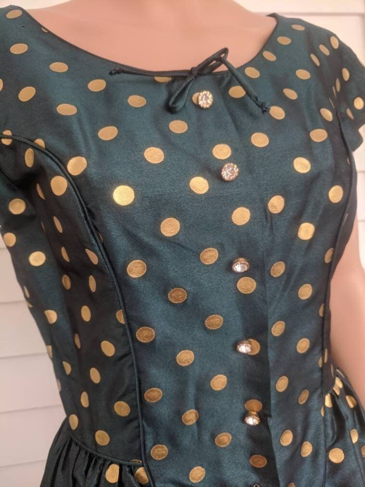 50s Dark Green Gold Polka Dot Dress Vintage Shirley Lee S M 36 28 New Old Stock