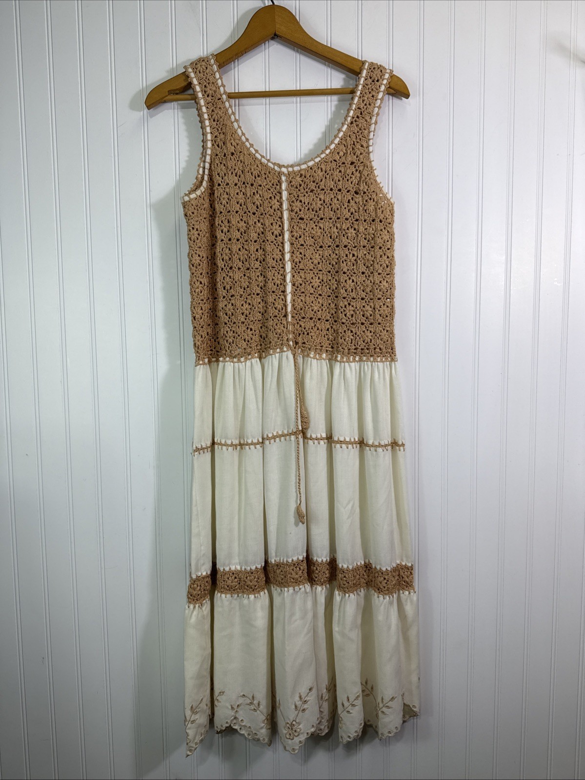 Vintage Crochet Dress Floral Embroidery Ivory Brown Cotton M L 70s Boho