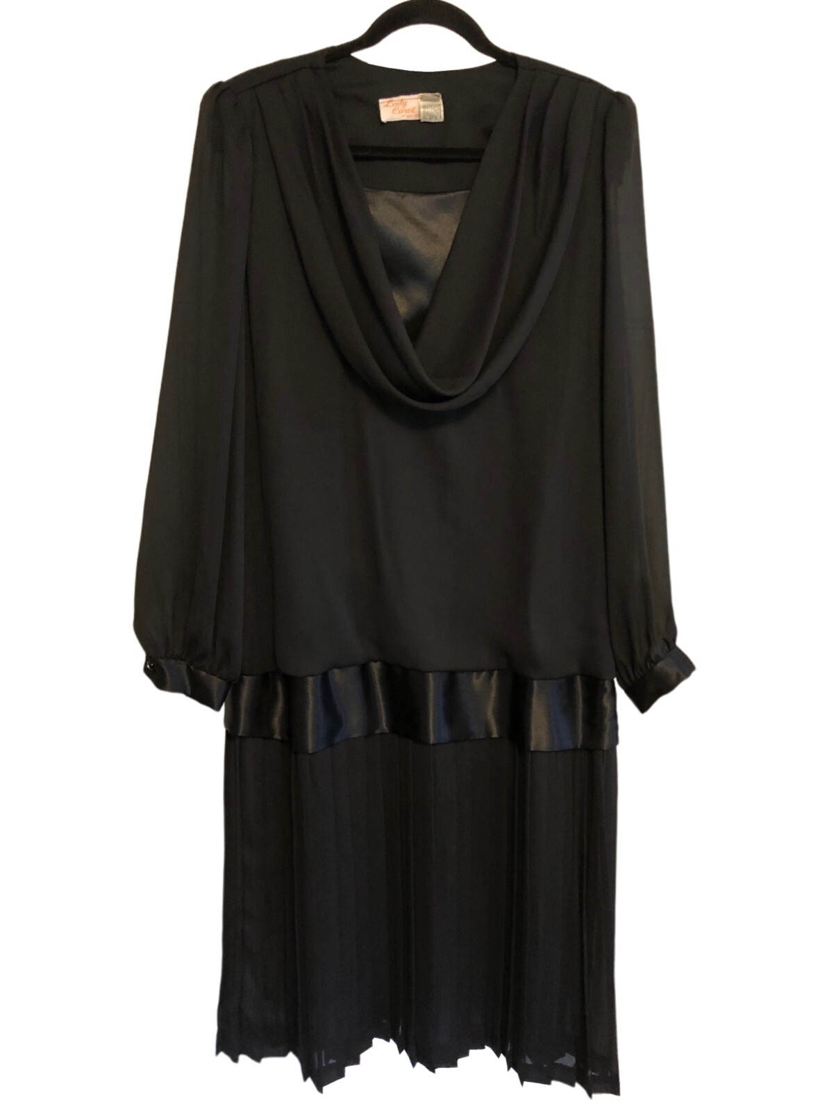 vtg LADY CAROL Black Chiffon Blouson Dress Sz 14 Pleated Drop Waist 80s 90s