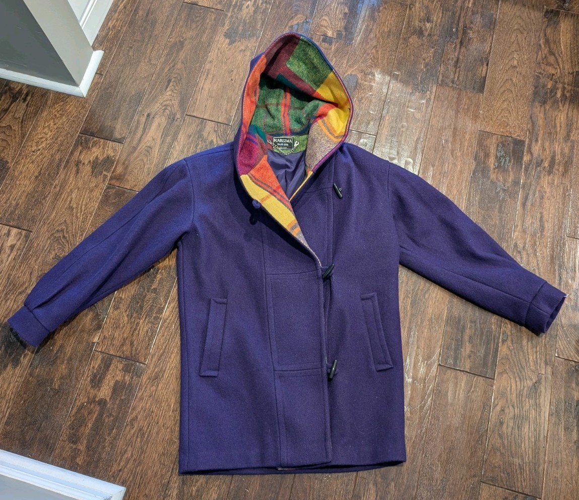 80s 90s Vintage Karizma East Purple Wool Coat plaid hood & Lining Union USA Made