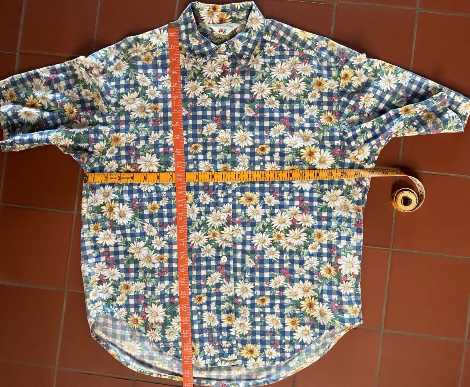 Vintage 80s Andrew McMullan Gingham Daisy Print Button Up Short Sleeve M USA