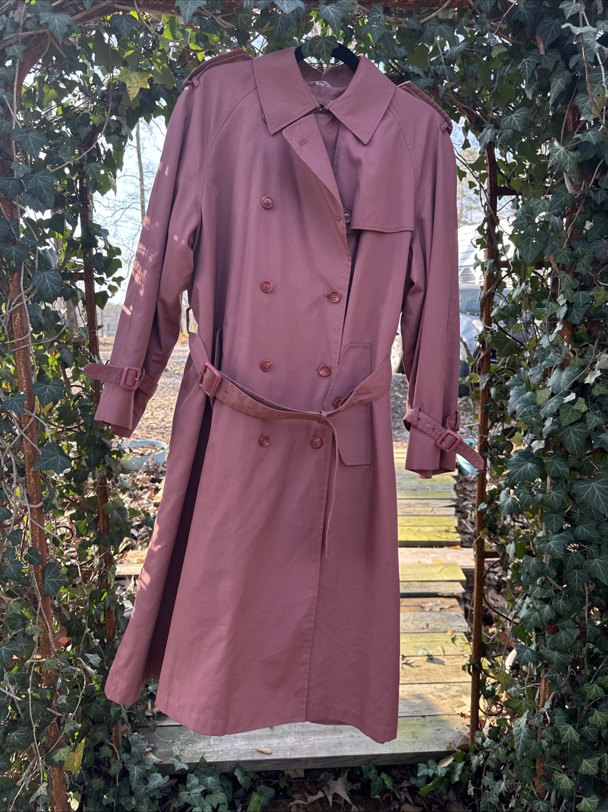 Vintage 1970s JC Penney Women’s Fitted Pink Trench Coat Dusty Rose Wool Medium