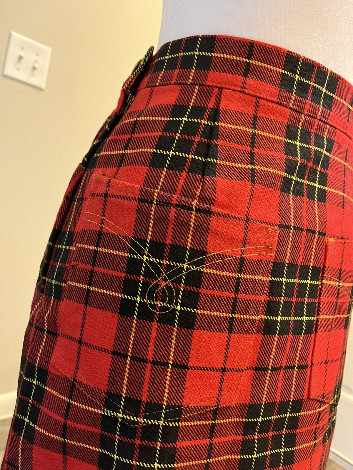 VTG 90’s Moschino Jeans Red Black Plaid Schoolgirl Pleated Leather Peace Skirt