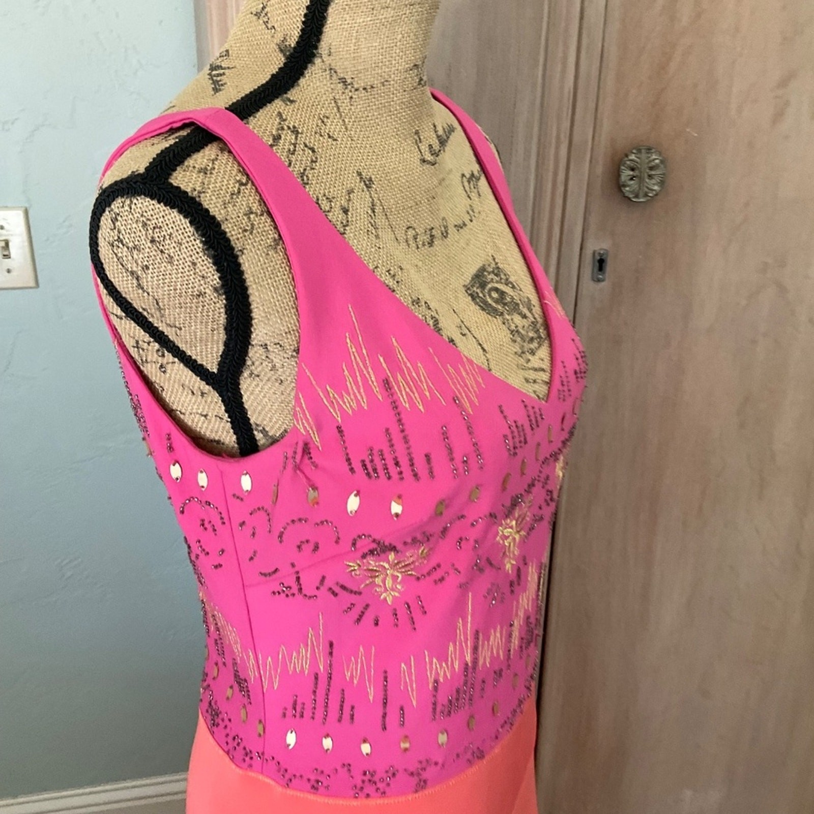 Vtg 90s Y2K Christyne Forti pink orange Gold Beaded embellished bias maxi dress