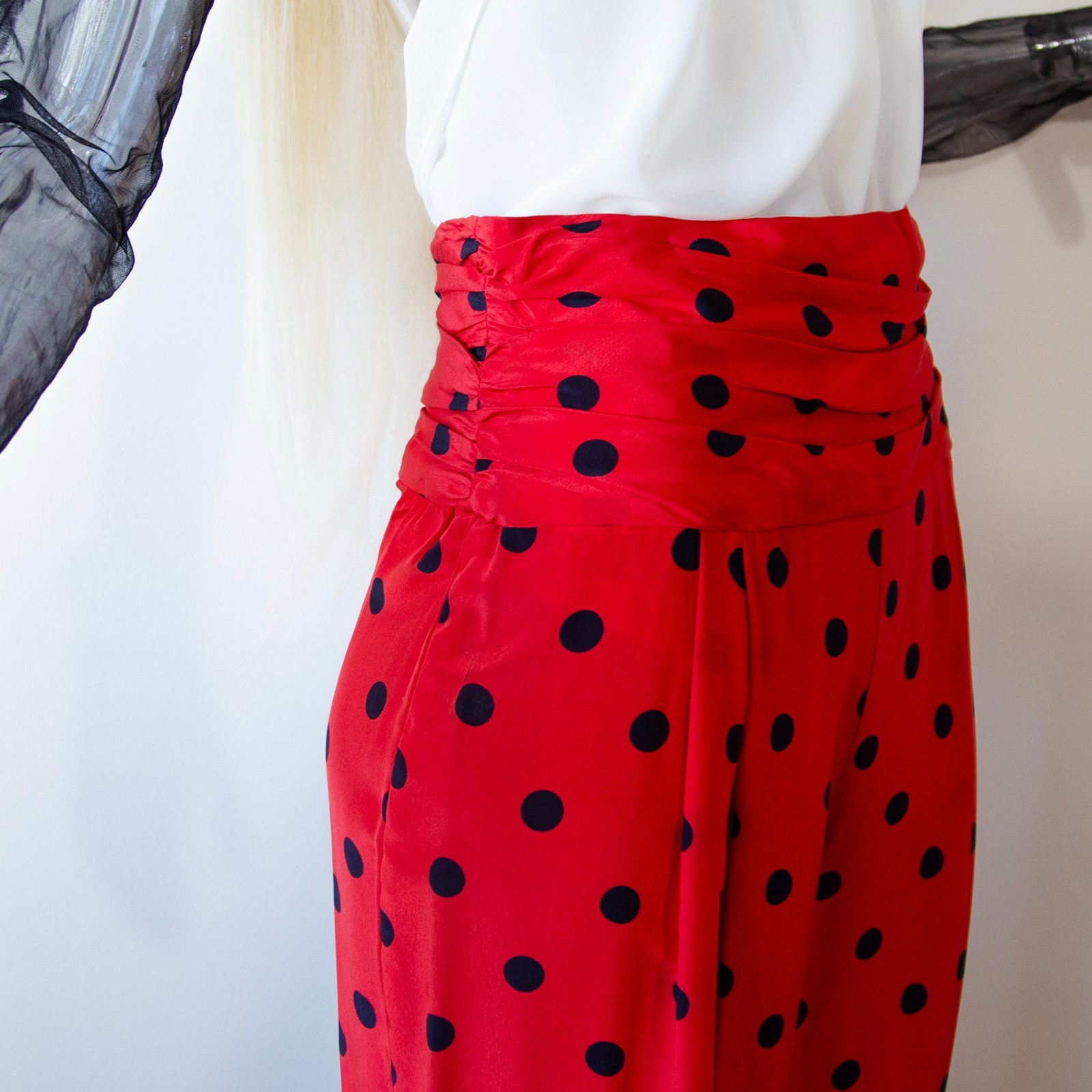 Vintage Dior Red Silk Black Polka Dot Wide Trousers NWT UK 8-10/US 4-6