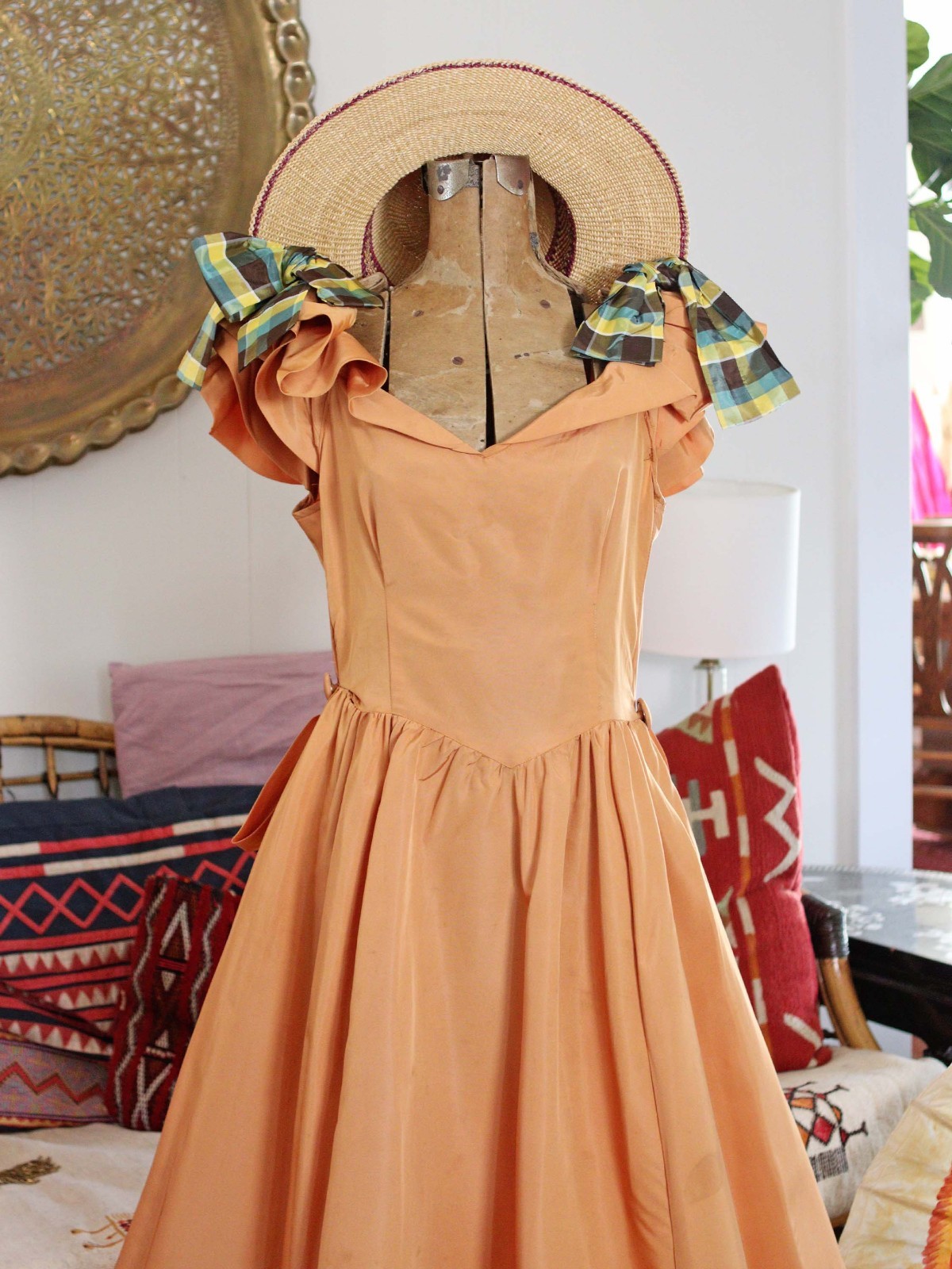 VTG 40s Southern Bell Maxi Gown Dress Ruffle Shoulders Bustle Back Gold Apricot