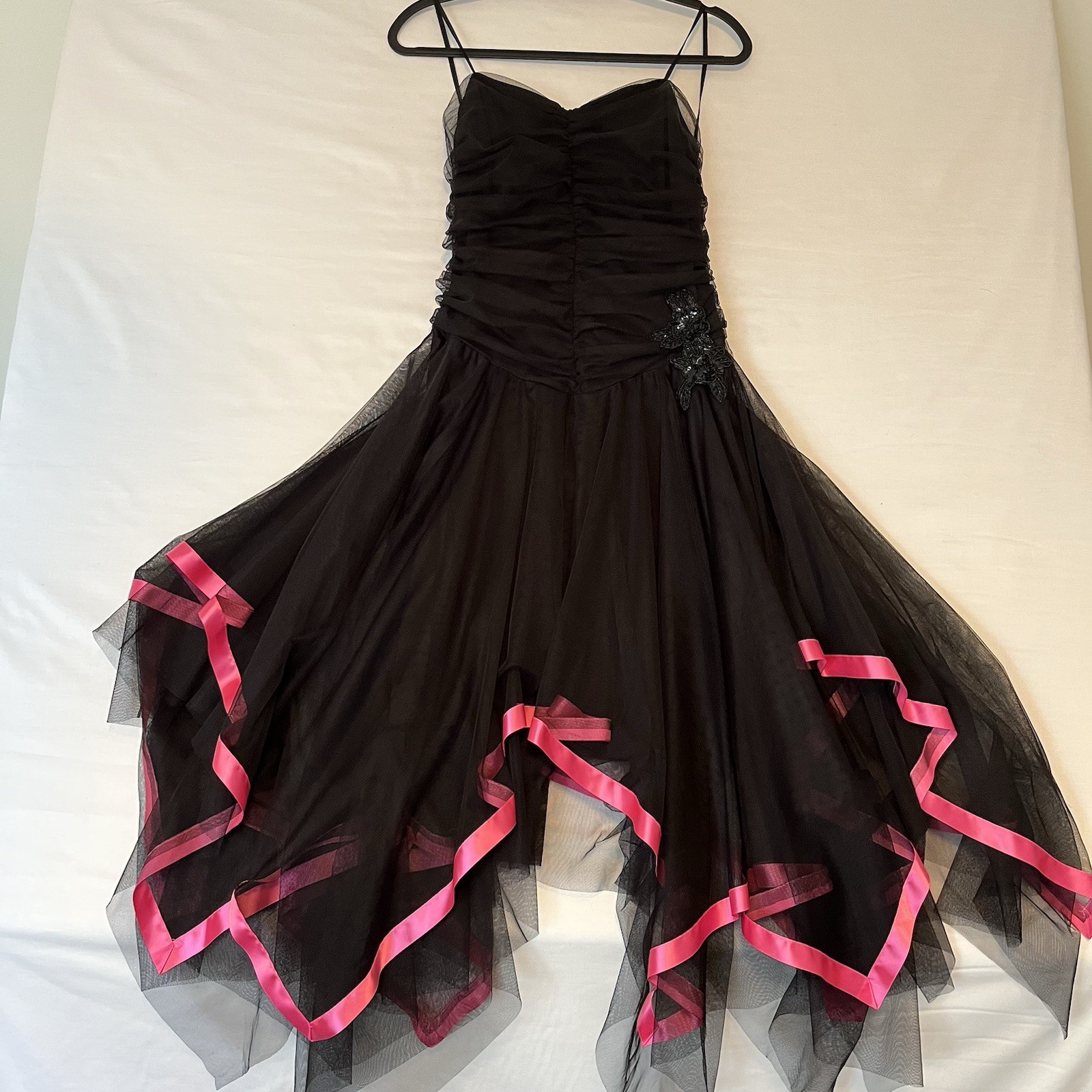 Vtg Kiki Dress Women’s Large Black Pink Satin Fairy Whimsigoth Ruching Y2K USA