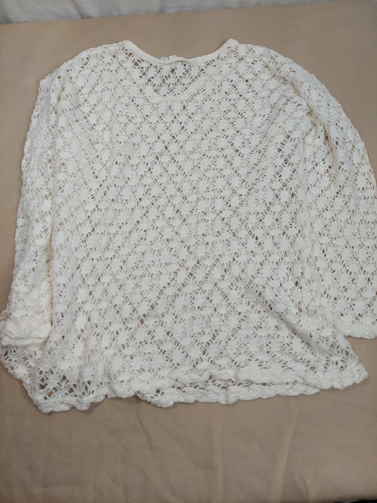 Vintage White Crochet Lace Top Women M L USA Made 100% Cotton Sheer Coquette Tee