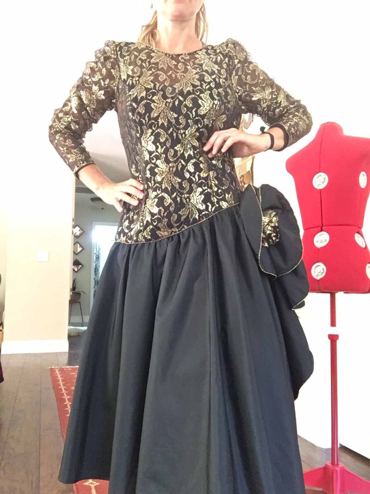 1980s 1990s Party Samir Antonio Ruspoll Dress Black Gold Sz 14 Lace flamenco