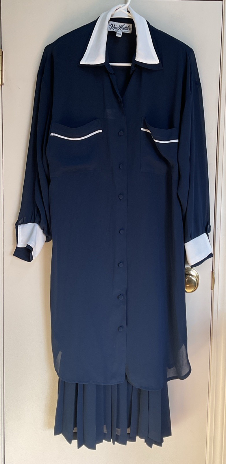 VINTAGE 2 Pc Miss Ashlee 1970s Size 9/10 Navy Blue Tunic Top Skirt Midi Dress