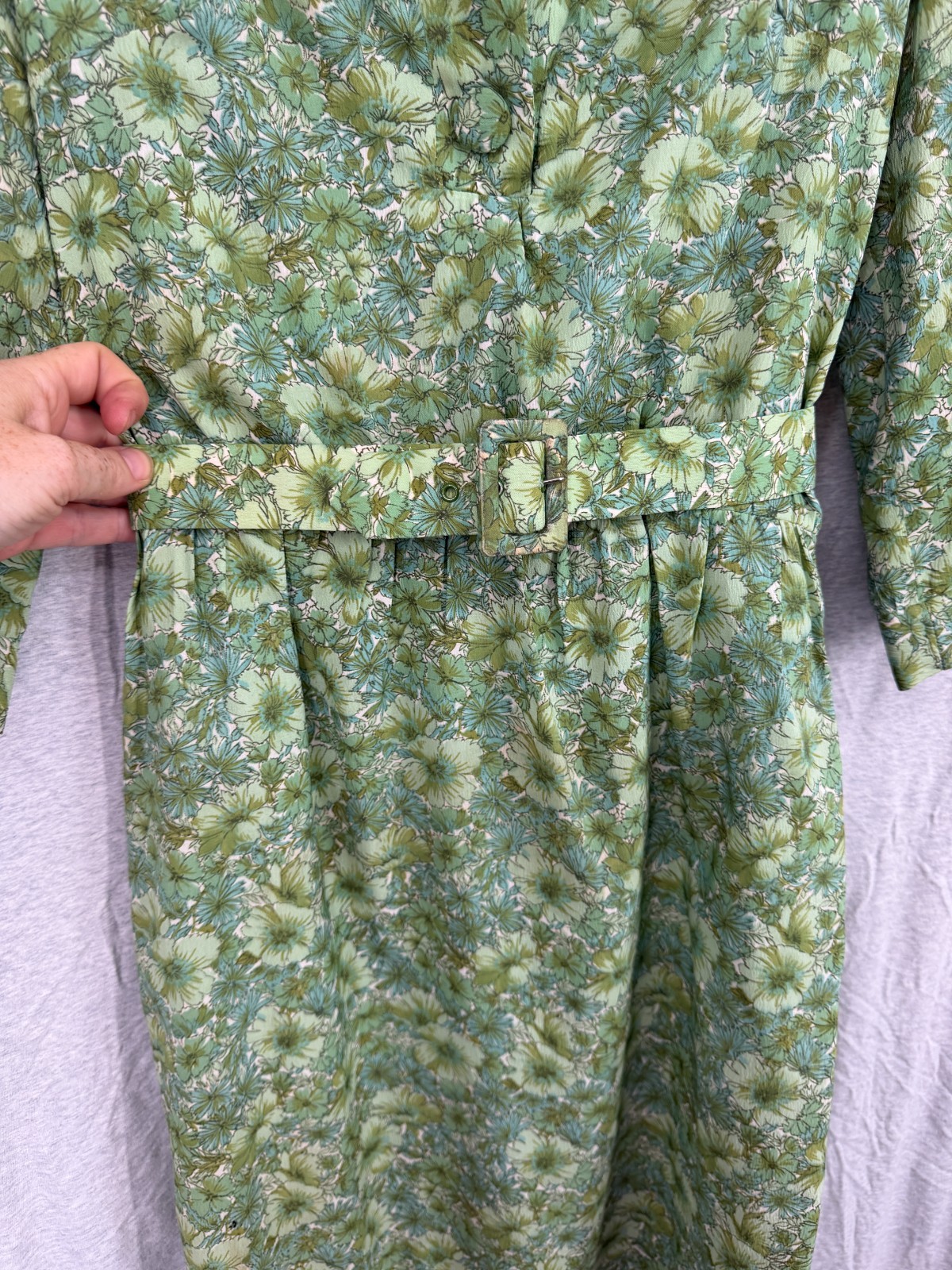 True Vintage 50s Floral Belted Blouson Dress Housewife Chic Green Brown