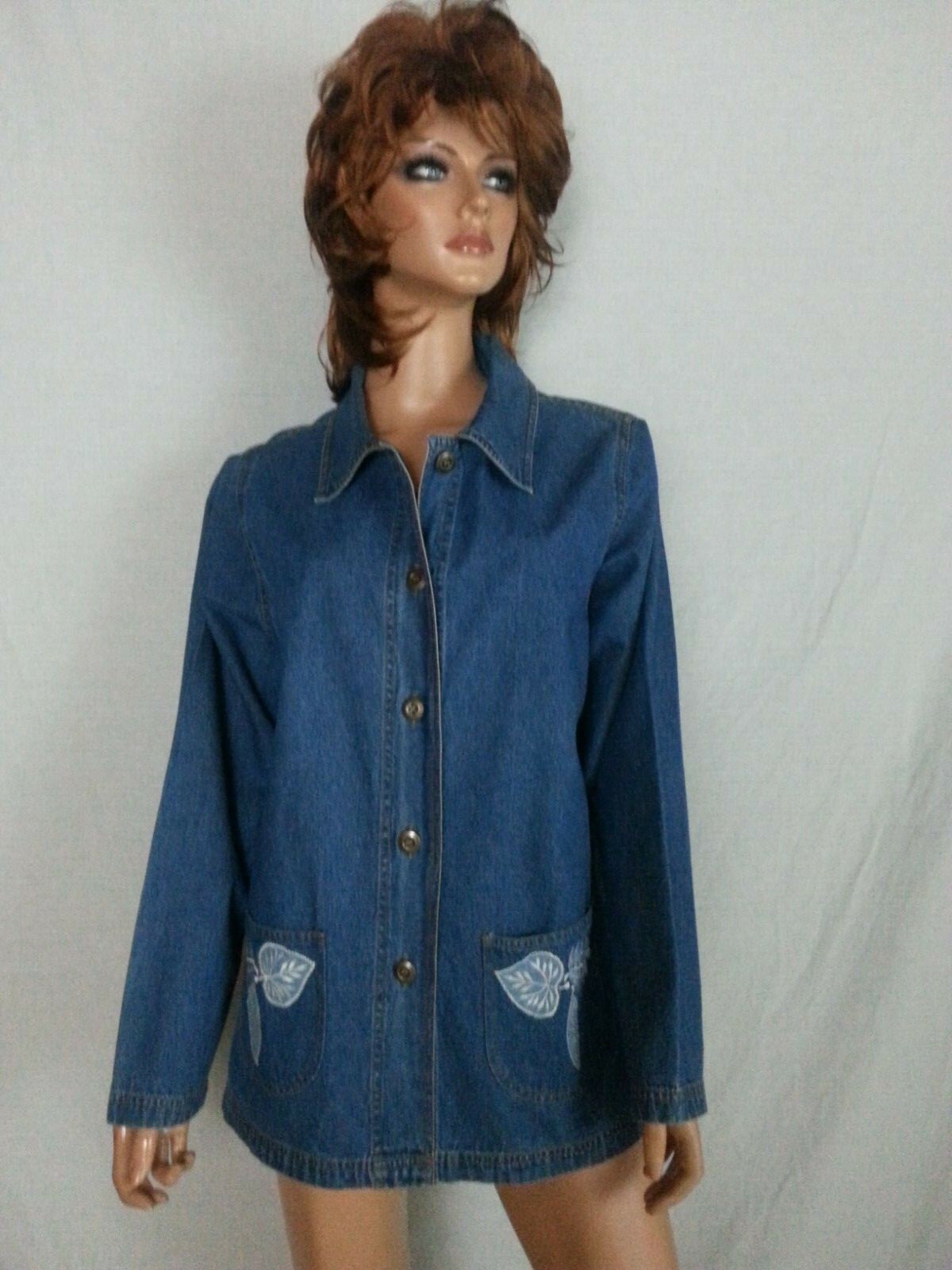 Vtg Women Blair Blue Jean Denim Jacket Coat Leaves Embroidery Butterfly Patch M