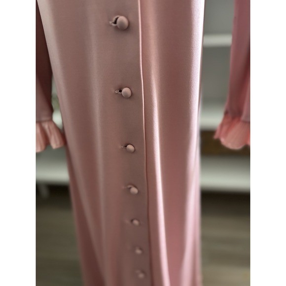 Vintage Pink Button Front Maxi Duster Robe Dress Pleated Ruffle Trim Long Sleeve