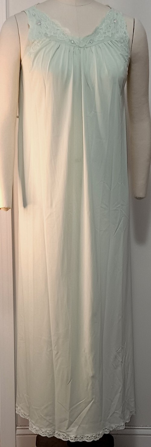 Vtg ShadowLine Pullover Long Nightgown Sz Sm Mint Green Lace Pink Rose Nylon USA