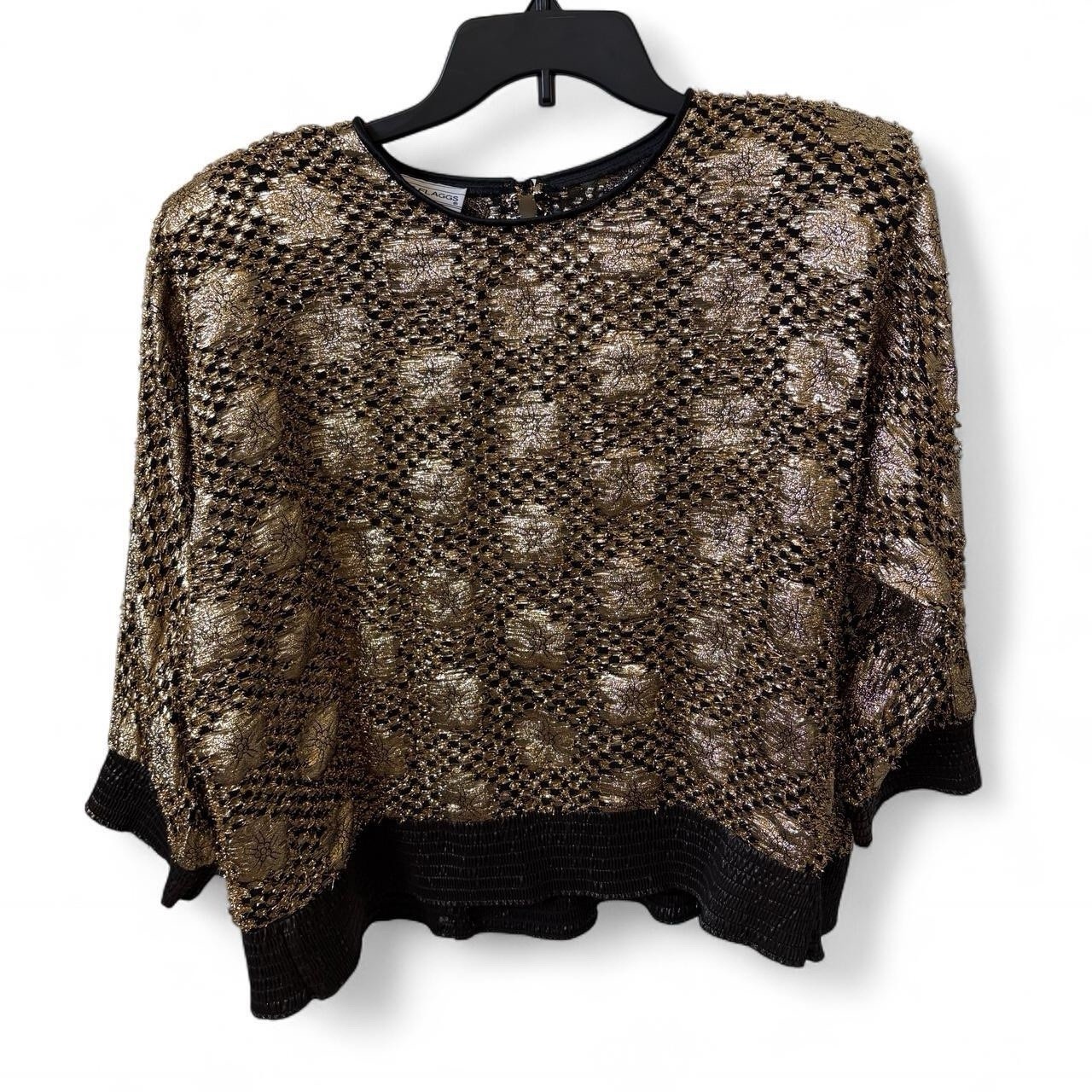 Vintage Gold Metallic Textured Floral Fancy blouse Size 14 Three Flaggs Cali