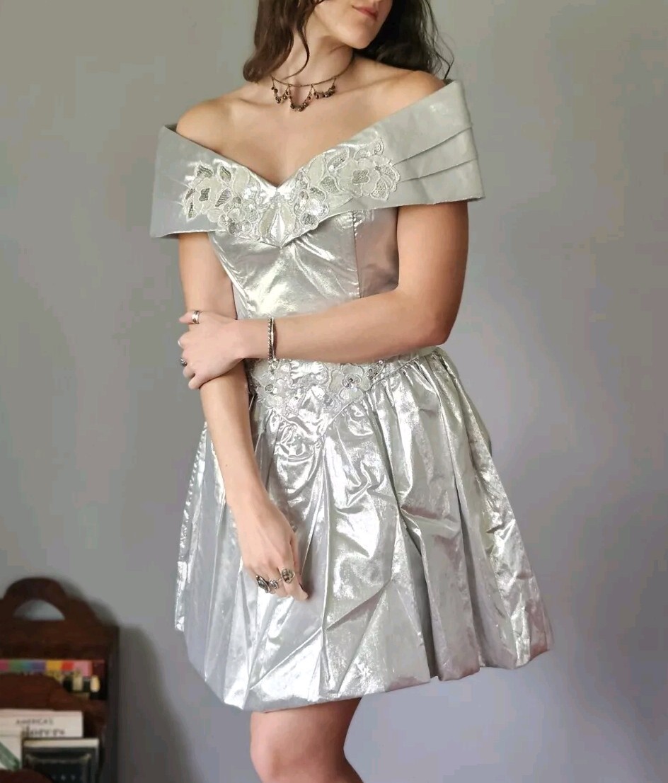 Vintage 1990s Gunne Sax Metallic Silver Lamé Party Dress