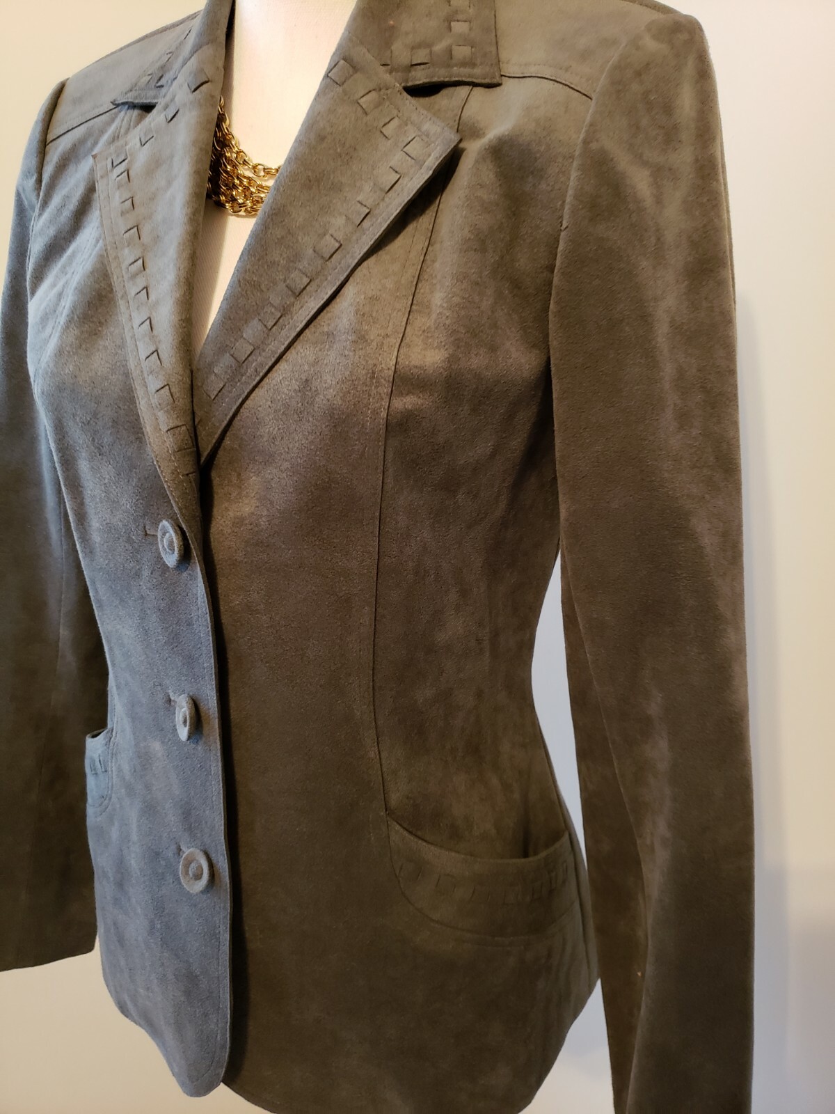 Vintage James Chen British Textile Suede Leather Jacket Lightweight Gray Small S