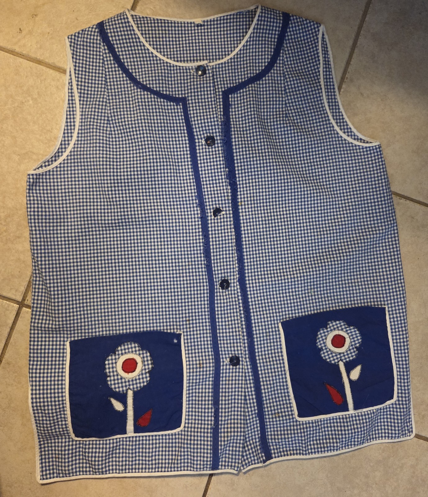 Vtg 70s Tunic Smock Gingham Flower Pockets Artistic Creation Buttons Front Small