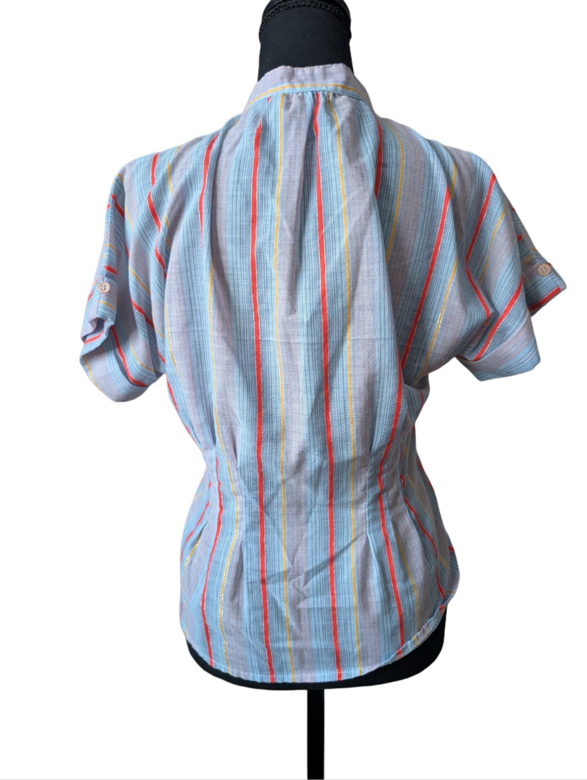 Vintage You Babes Striped Buttoned Blouse Short Sleeved Cuffed Size M