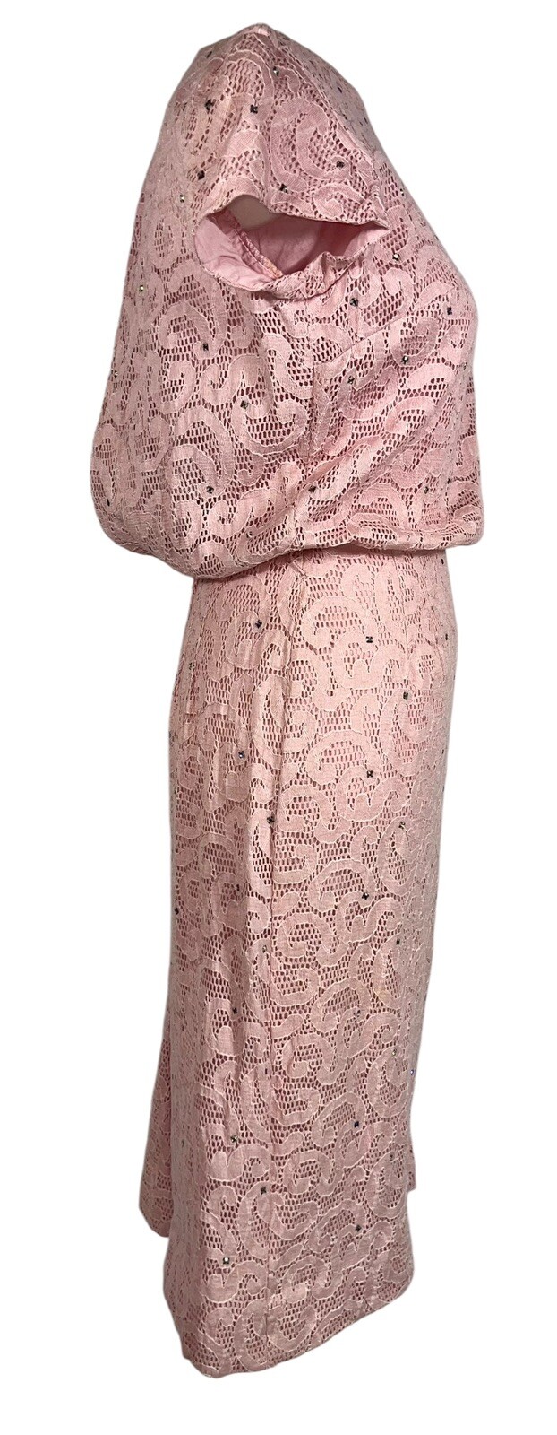 VTG 1950s PAUL SACHS RHINESTONE PINK LACE COCKTAIL WIGGLE DRESS ROCKABILLY GLAM