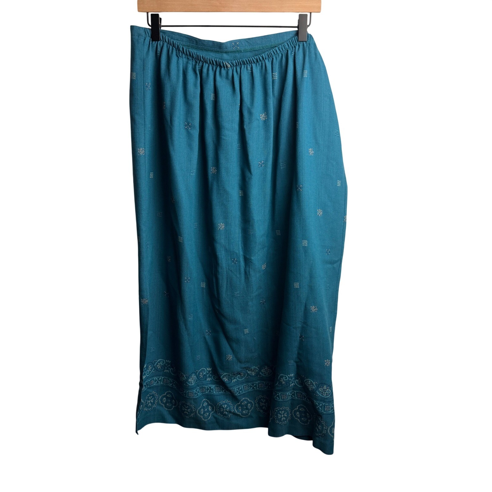 Alfred Dunner Womens Vintage Embroidered Midi Skirt 20 Teal Blue Career Retro