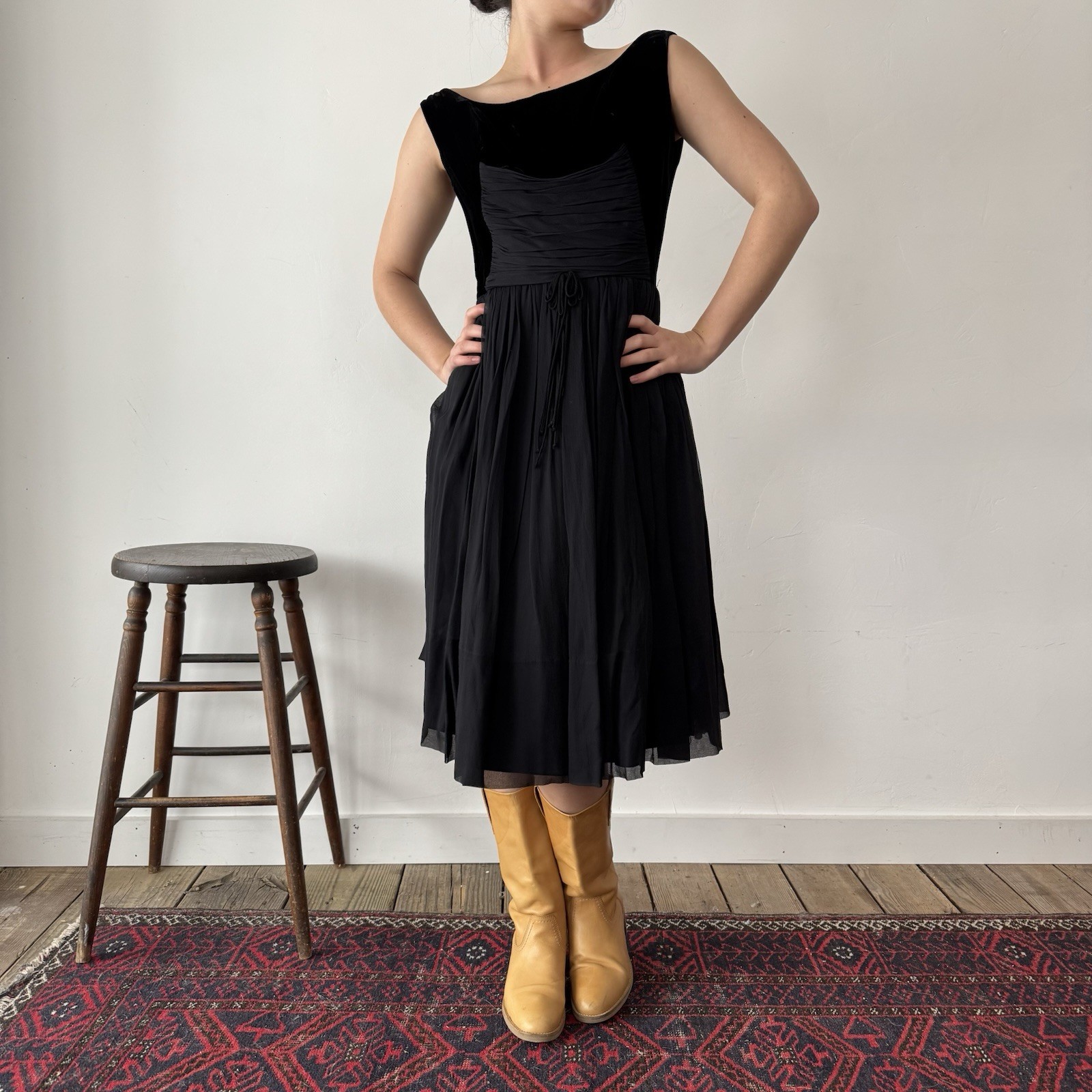 Vintage Union Made Darling Black Midi Dress Size 00 EST 1950s Antique Frock