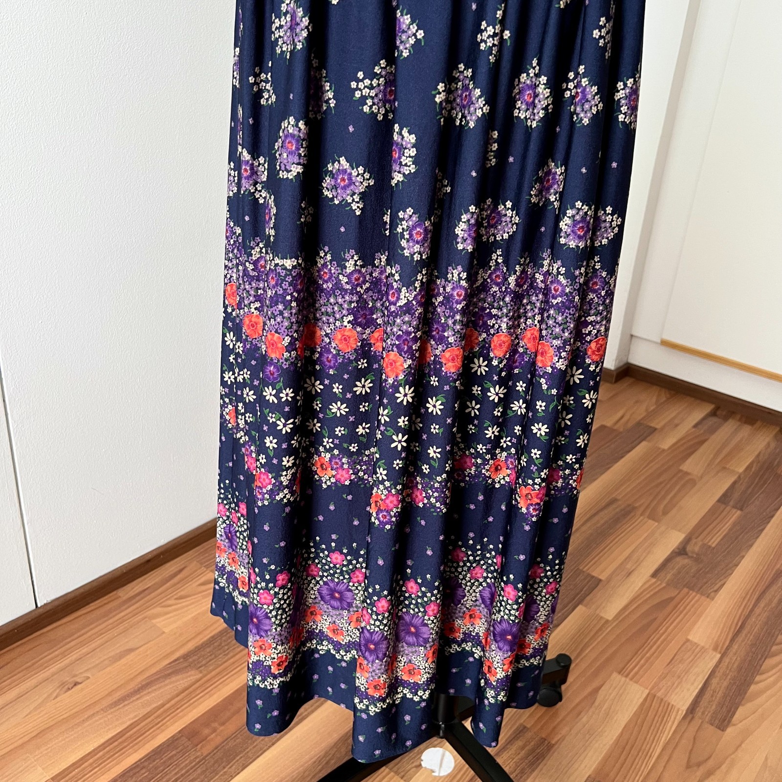 1970s Floral Pleated Maxi Skirt High Waist Boho Prairie Cottagecore Long Aline