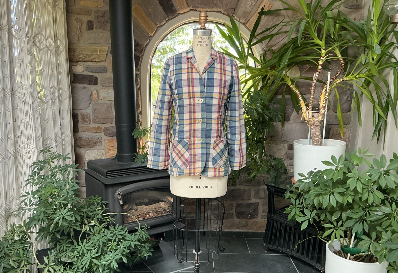 Vintage 1970s Blue Red Yellow Plaid Madras Cotton Jacket Old Salem