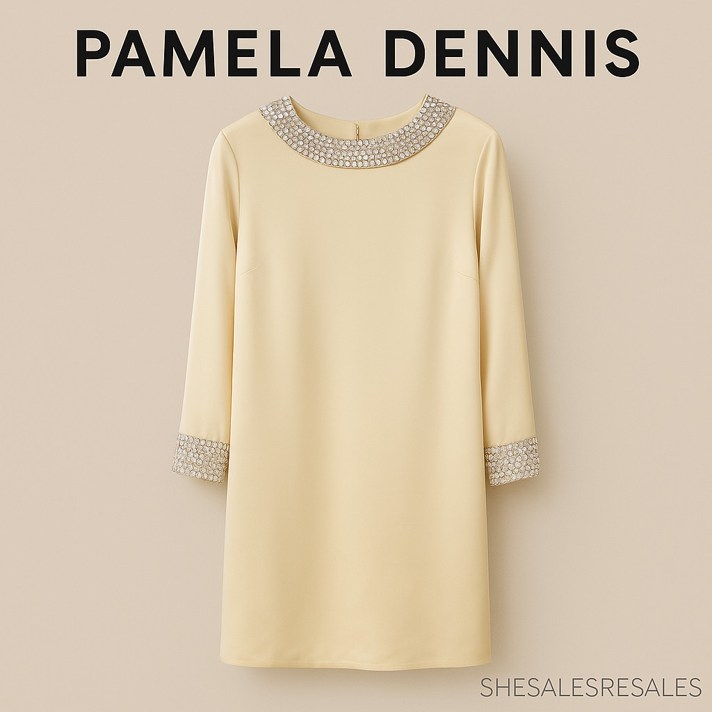 Vintage Pamela Dennis New York 100% Silk Beaded Jewel Collar Cocktail Dress Crea