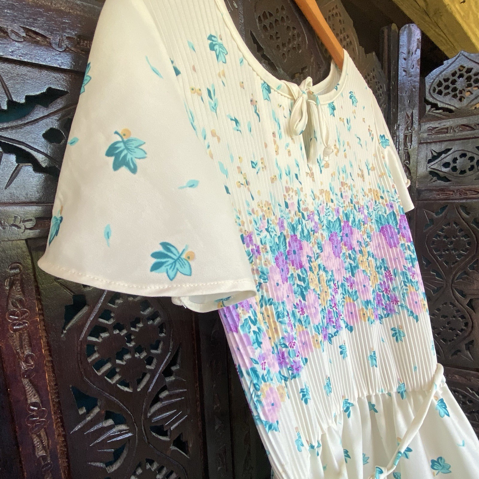 VTG Handmade Floral Leaf Pleated Dress Womens S/M Pastel Cottagecore Prairie S/S