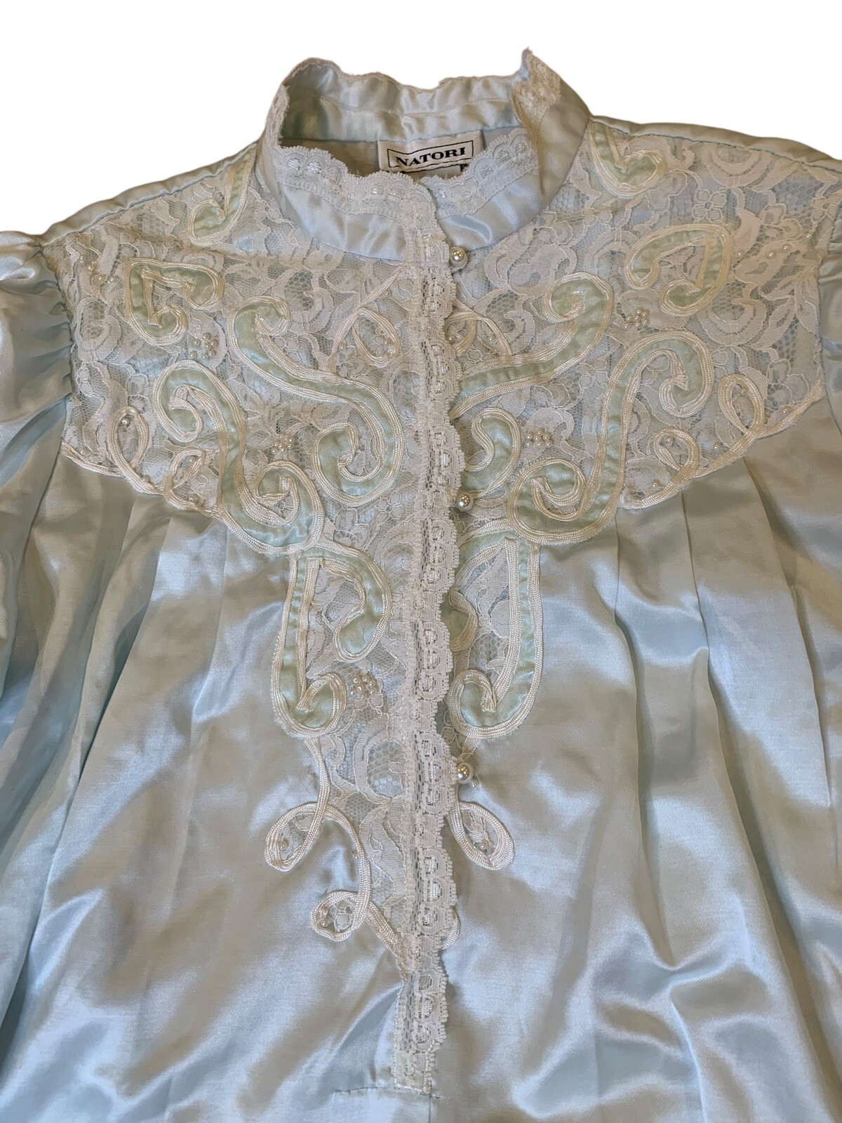 Natori Vintage Satin Nightgown Light Blue Lace Embellishment Faux Pearl Buttons
