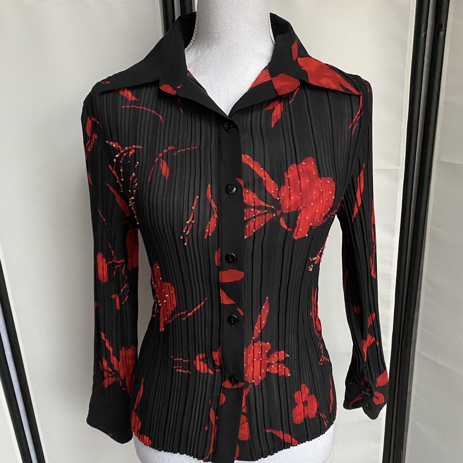 Patchington Vtg Womens Small See Through Top Black Red Button Up Shirt Floral E7