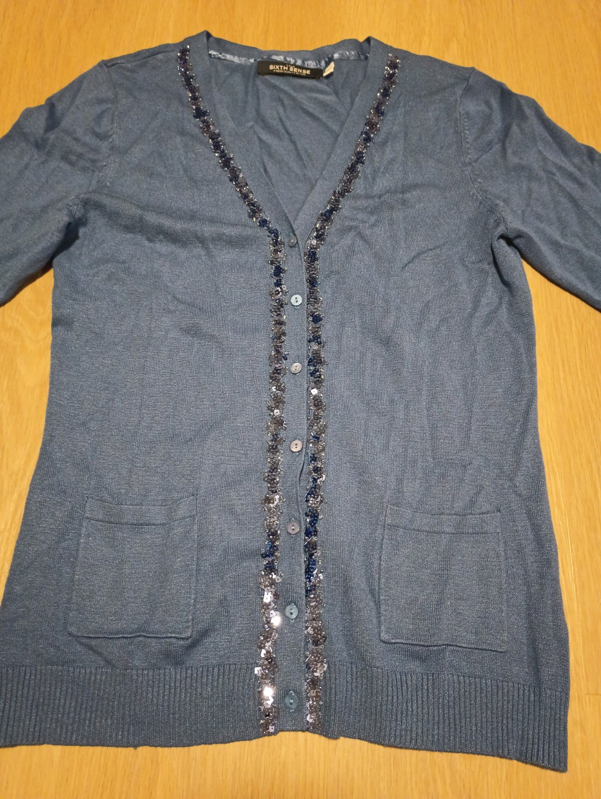 Vtg 80s YOUR SIXTH SENSE Stretch Viscose Cornflower Blue Cardigan Sweater S