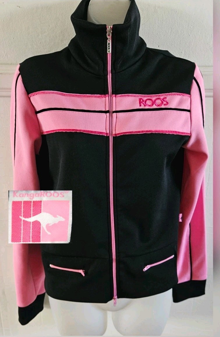 Rare Vintage 80’s KangaROOS Womens Black Pink Track Jacket Trim Zip Up Sz M EUC