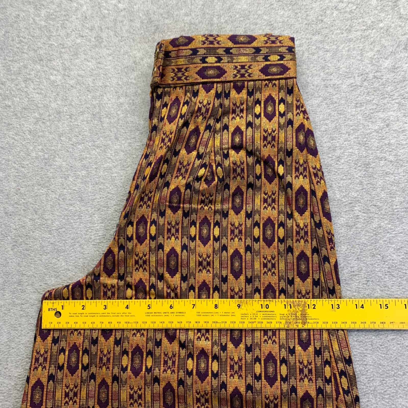 Vintage BSAC ILGWU Wide Leg Palazzo Pants Purple Gold Metallic Ikat Print Sz 10