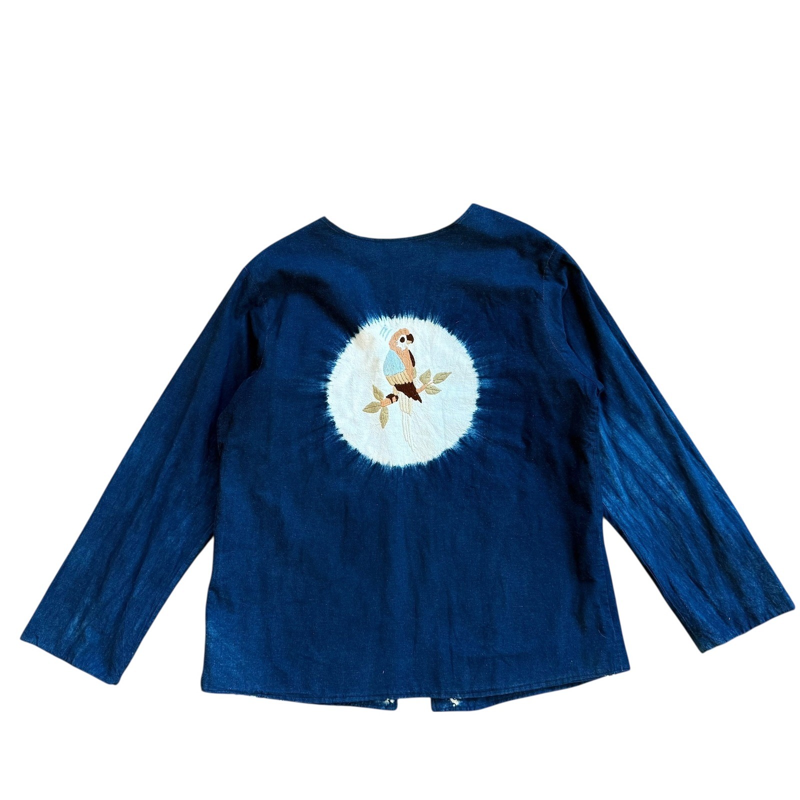 Vintage Indigo Dyed Reversible Jacket Bird Embroidery Tie Dye Blue Boho