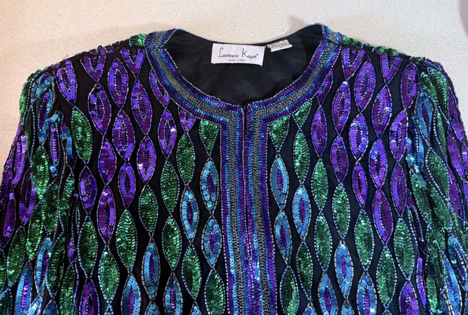vtg 1980s Laurence Kazar New York sequin and beaded evening cardigan jacket Lg
