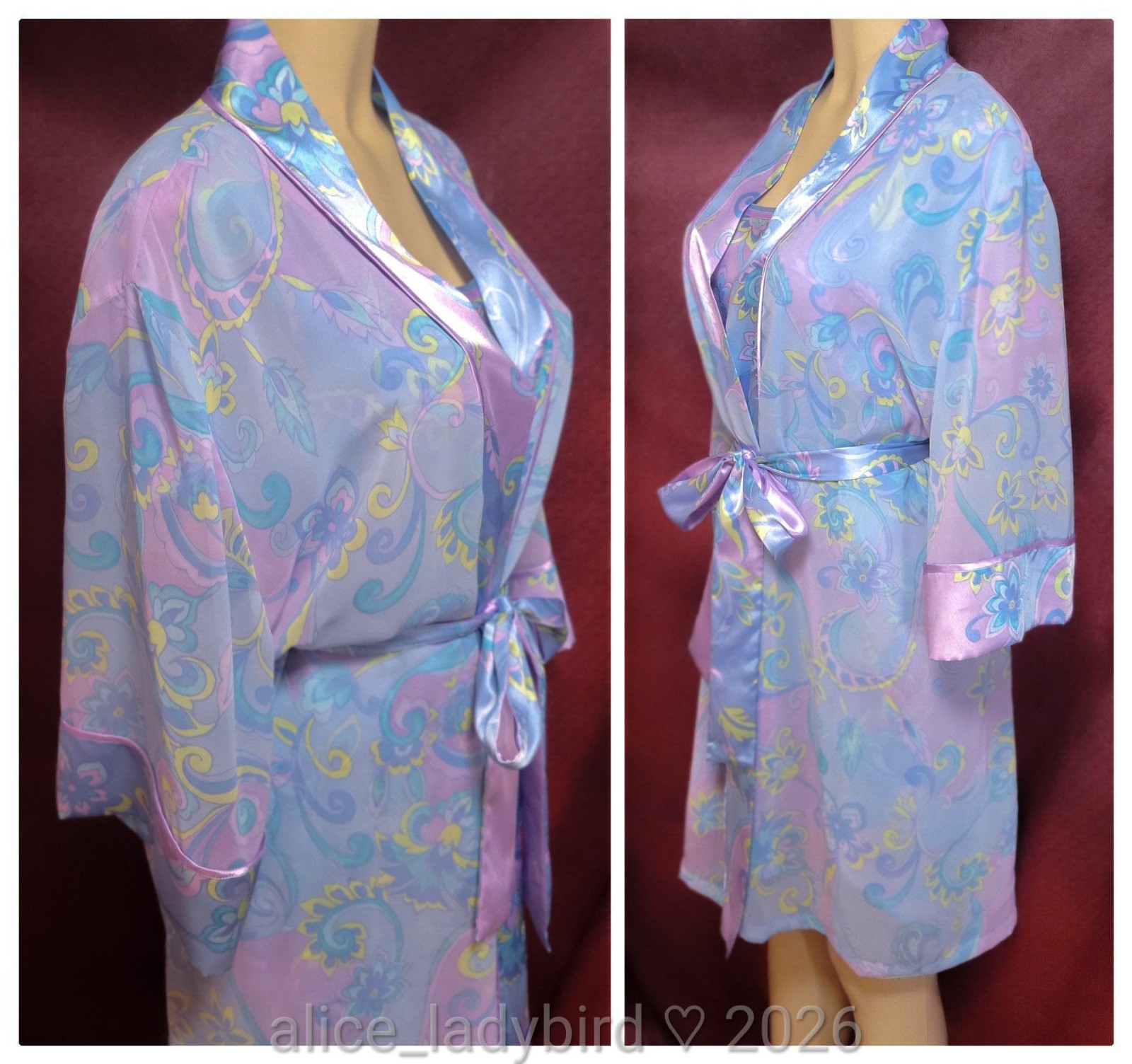 2pc Vintage SATIN Sheer GOWN Peignoir SET Slip FLORAL Print Nightgown Bundle ~XL