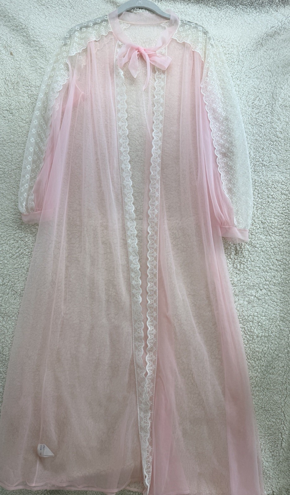 Vintage Pink Sheer Nylon Peignoir Robe Lace Trim Bridal Lingerie Medium M