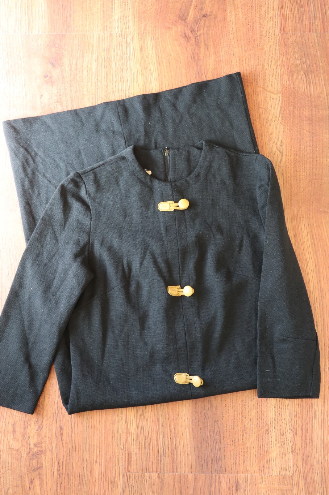 60s Vintage Kay Windsor Black Knit Jersey Yellow Buttons Sheath Dress Women XS S