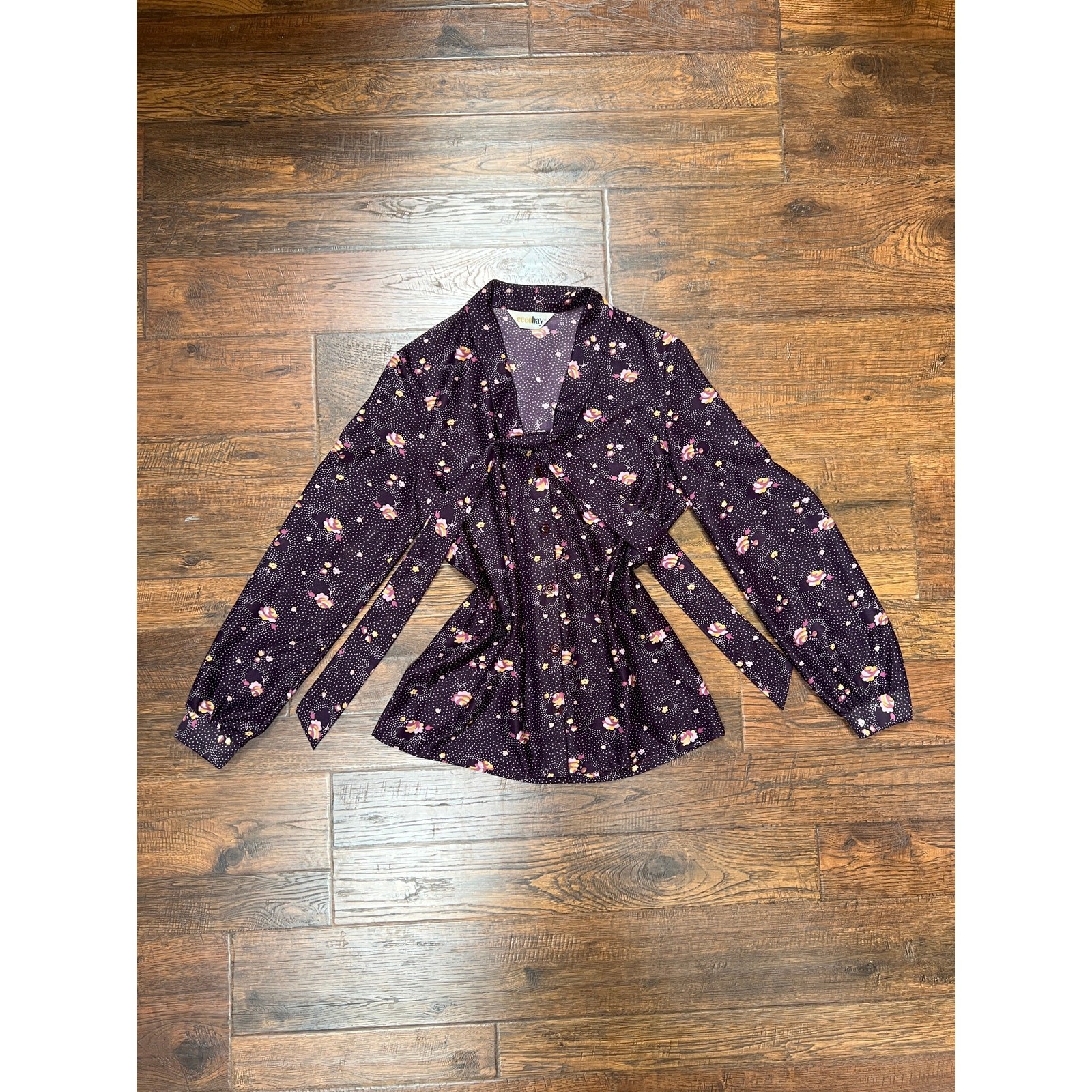 Vintage 1970s Polyester Tie-Neck Blouse Flower Clusters on Purple Ecco Bay MED