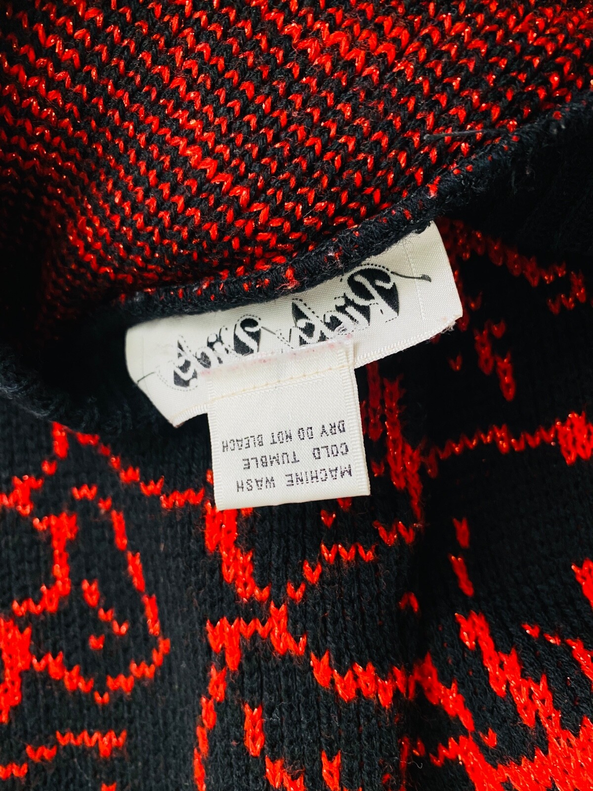 Vintage 1980s black red sweater dress, metallic glam floral oversized acrylic M