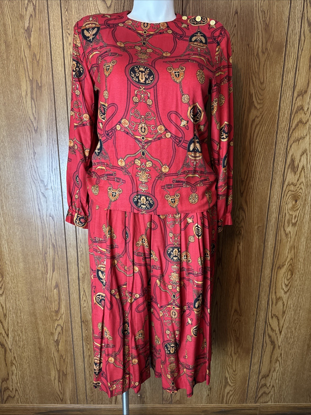 Vtg Leslie Faye Wide Leg Crop Culotte Pant & Blouse Set Equestrian Print 12P